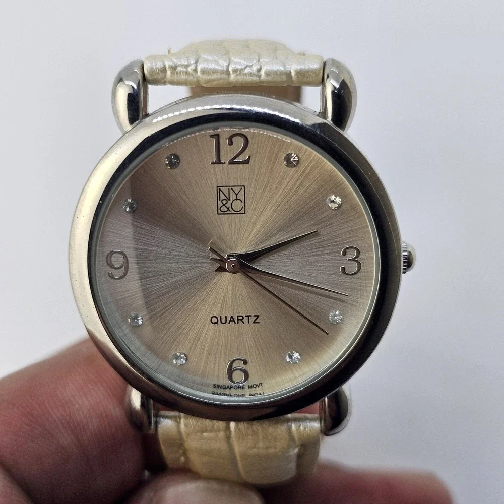 NYC Women's Watch 34MM Gray Dial Cream Faux Leather Band Straps New Battery